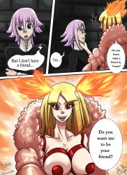 Rule 34 | 1boy, 1girl, androgynous, aura, blonde hair, blue eyes, breasts, cleavage, clown, crona (soul eater), crying, fire, formal, hand on chin, highres, jacket, kaguya (soul eater), large breasts, looking at another, looking at viewer, looking down, nipples, nude, pale skin, pink hair, red eyes, short hair, smile, soul eater, suit, talking, tattoo, uniform, witch
