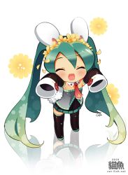 Rule 34 | 1girl, animal ears, blush, rabbit ears, buttons, chibi, detached sleeves, closed eyes, flower, green hair, hair flower, hair ornament, hatsune miku, long hair, mao yu, necktie, patterned, reflection, skirt, sleeves past wrists, smile, solo, thighhighs, twintails, very long hair, vocaloid