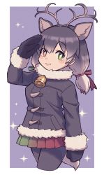 Rule 34 | 1girl, an-chan (ananna0315), animal ears, antlers, bell, black gloves, black pantyhose, blush, bow, commentary, cowboy shot, deer ears, deer girl, deer tail, extra ears, fur collar, fur trim, gloves, gradient skirt, green eyes, green skirt, grey hair, grey jacket, hair bow, heterochromia, highres, horns, jacket, kemono friends, long sleeves, looking at viewer, mittens, multicolored hair, neck bell, pantyhose, pleated skirt, red eyes, red skirt, reindeer (kemono friends), reindeer antlers, salute, short twintails, skirt, solo, symbol-only commentary, tail, twintails, two-tone skirt, white fur