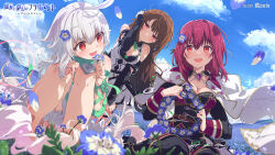 Rule 34 | 3girls, ahegao, arm ribbon, belt, blue sky, blush, breasts, brown hair, cape, character request, cleavage, cloud, deep one kyomu to mugen no fragment, detached collar, elbow gloves, field, flower, flower field, gloves, hair between eyes, hair flower, hair ornament, hand on own head, hand on own knee, head wreath, long hair, looking at another, medium breasts, multiple girls, official art, ogipote, petals, red eyes, red hair, ribbon, short hair, skirt, sky, white hair