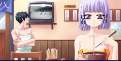 Rule 34 | 1girl, bowl, chopsticks, downhill night, emily (pure dream), food, game cg, lily tail, noodles, purple eyes, purple hair, short hair, television, top (company)