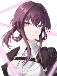 Rule 34 | 1girl, black jacket, breasts, commentary request, hair between eyes, highres, honkai: star rail, honkai (series), jacket, kafka (honkai: star rail), long hair, looking at viewer, medium breasts, pink lips, purple eyes, purple hair, shirt, sidelocks, simple background, smile, solo, tirami syz, upper body, white background, white shirt