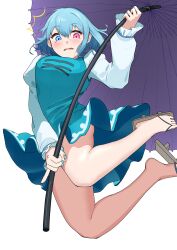 Rule 34 | 1girl, absurdres, blue eyes, blue hair, blue sky, brown footwear, commentary, cross-laced clothes, geta, heterochromia, highres, holding, holding umbrella, legs, long sleeves, looking at viewer, open mouth, purple umbrella, red eyes, simple background, sky, solo, tatara kogasa, touhou, umbrella, urizaku3, white background