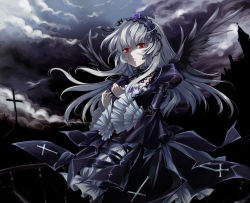 Rule 34 | 00s, 1girl, black theme, black wings, cloud, dark, dress, hairband, highres, mtyy, red eyes, rozen maiden, silver hair, solo, suigintou, wings