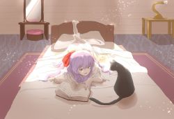 Rule 34 | 1girl, barefoot, bed, bed sheet, black cat, book, bow, cat, ellen (majo no ie), indoors, lamp, large bow, leg up, long hair, lying, majo no ie, mirror, on stomach, pillow, purple hair, red bow, solo, sunlight, table, the pose, uru chimai, yellow eyes