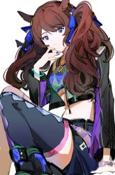 Rule 34 | 1girl, animal ears, arm support, black footwear, black jacket, black shorts, black thighhighs, blue eyes, boots, bracelet, breasts, brown hair, closed mouth, crop top, cropped jacket, feet out of frame, hand up, highres, hikawayunn, horse ears, jacket, jewelry, knees up, long hair, long sleeves, midriff, navel, necklace, open clothes, open jacket, shorts, simple background, single thighhigh, sitting, small breasts, solo, thighhighs, tosen jordan (umamusume), twintails, umamusume, white background