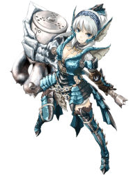 Rule 34 | 1girl, alternate color, armor, azure rathalos, blue eyes, breasts, capcom, cleavage, hammer, highres, large breasts, monster hunter (series), rathalos (armor), sanoharu, short hair, solo, thighhighs, white hair