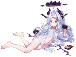 Rule 34 | 1girl, barefoot, black gloves, black horns, blue archive, blush, breasts, buttons, closed mouth, collared shirt, demon horns, dream of pears, full body, gloves, grey hair, halo, highres, hina (blue archive), horns, long hair, long sleeves, looking at viewer, multiple horns, no panties, purple eyes, shirt, simple background, small breasts, solo, toes, white background, white shirt