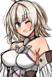 Rule 34 | +++, 1girl, :d, ;d, ahoge, anchor, azur lane, bare shoulders, blonde hair, blue eyes, breasts, chiru (218mg), commentary, detached sleeves, highres, looking at viewer, medium breasts, oklahoma (azur lane), one eye closed, open mouth, signature, simple background, smile, solo, upper body, white background