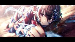 Rule 34 | 1girl, bandages, blurry, blurry background, blush, brown eyes, brown hair, crack, crystal, dying, guilty crown, hair between eyes, letterboxed, light rays, long hair, looking at viewer, nogi lief, on floor, smile, solo