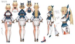 Rule 34 | 1girl, absurdres, arm up, armpits, asymmetrical footwear, back cutout, bare shoulders, blonde hair, blush, character sheet, clothing cutout, dark-skinned female, dark skin, elf, full body, highres, hololive, knees, lack, long hair, looking at viewer, mismatched footwear, multiple views, official art, pelvic curtain, pointy ears, ponytail, red eyes, second-party source, shiranui flare, shiranui flare (old design), shoulder cutout, single thighhigh, thighhighs, virtual youtuber, white thighhighs