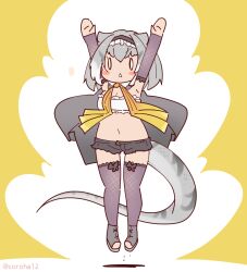 Rule 34 | 1girl, arms up, boots, bow, bowtie, cape, coroha, elbow gloves, frilled lizard (ex) (kemono friends), full body, gloves, grey hair, jumping, kemono friends, lizard tail, looking at viewer, navel, short hair, shorts, simple background, sleeveless, solo, strapless, tail, thighhighs, tube top, yellow background