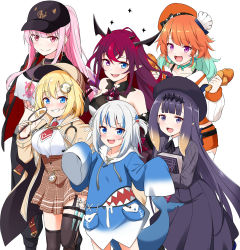 Rule 34 | 6+girls, :d, absurdres, animal hood, aqua hair, black headwear, black thighhighs, blonde hair, blue eyes, blue hair, book, breasts, cape, chicken (food), collarbone, commentary, deerstalker, detached sleeves, english commentary, fang, felutiahime, fins, fish tail, fried chicken, gawr gura, grin, hair ornament, hat, height difference, heterochromia, highres, holding, holding book, hololive, hololive english, hood, irys (hololive), irys (irys 1.0) (hololive), long hair, looking at viewer, magnifying glass, medium hair, mori calliope, mori calliope (streetwear), multicolored hair, multiple girls, ninomae ina&#039;nis, ninomae ina&#039;nis (casual), open mouth, orange hair, pink eyes, pink hair, ponytail, purple eyes, purple hair, shark hood, shark tail, sharp teeth, sleeves past fingers, sleeves past wrists, smile, syringe, syringe holster, tail, takanashi kiara, teeth, thighhighs, two-tone hair, virtual youtuber, watson amelia, white background