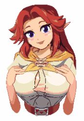 Rule 34 | 1girl, animated, animated gif, belt, blue eyes, blush, breasts, hands on breasts, large breasts, long hair, malon, neckerchief, nintendo, open mouth, pixel art, red hair, smile, solo, the legend of zelda, the legend of zelda: ocarina of time, triforce, upper body, wagonsalezzz, white background
