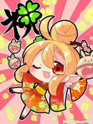 Rule 34 | absurdres, arikuigames1105, blonde hair, chibi, clover, clover hair ornament, folding fan, four-leaf clover, genshin impact, hair ornament, hand fan, highres, japanese clothes, kimono, klee (genshin impact), one eye closed, open mouth, orange eyes, orange kimono, outstretched arms, patterned background, spread legs