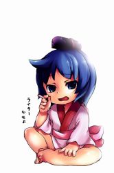Rule 34 | 00s, 1girl, :o, barefoot, binchou-tan, binchou-tan (character), blue eyes, blue hair, blush, cigarette, full body, indian style, looking at viewer, matching hair/eyes, open mouth, simple background, sitting, smoking, solo, spread legs, toes, wavy mouth, white background