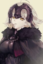 Rule 34 | 1girl, black cape, breasts, cape, chain, fate/grand order, fate (series), fur-trimmed cape, fur trim, headpiece, highres, jeanne d&#039;arc alter (avenger) (fate), jeanne d&#039;arc alter (fate), looking at viewer, medium breasts, minako larima, parted lips, plackart, short hair, simple background, solo, upper body, white background, white hair, yellow eyes