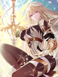 Rule 34 | 1girl, absurdres, bad id, bad twitter id, black thighhighs, blonde hair, bodystocking, breasts, cleavage cutout, clothing cutout, feather hair ornament, feathers, gauntlets, green eyes, hair ornament, highres, holding, holding sword, holding weapon, kneeling, large breasts, looking at viewer, on one knee, original, orn, outstretched arm, sword, thighhighs, underboob, weapon
