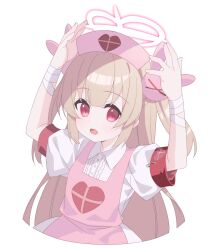 Rule 34 | &gt; &lt;, 1girl, :d, apron, armband, arms up, bandaged arm, bandages, brown hair, collared shirt, dress shirt, fang, hair ornament, halo, hat, heart, highres, indie virtual youtuber, long hair, looking at viewer, meito (maze), natori sana, nurse, nurse cap, open mouth, pink apron, pink hat, puffy short sleeves, puffy sleeves, rabbit hair ornament, red eyes, safety pin, sana channel, shirt, short sleeves, simple background, skirt, smile, solo, two side up, very long hair, virtual youtuber, white background, white shirt, white skirt