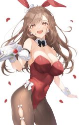 Rule 34 | 1girl, animal ears, arm garter, black bow, black bowtie, black pantyhose, blush, bow, bowtie, breasts, brown hair, cleavage, covered erect nipples, cup, detached collar, fake animal ears, falling petals, flower, highres, holding, holding tray, idolmaster, idolmaster shiny colors, koyo akio, large breasts, leotard, looking at viewer, pantyhose, petals, playboy bunny, rabbit ears, rabbit tail, red leotard, rose, smile, solo, straight hair, sweatdrop, tail, teacup, tray, tsukioka kogane, wrist cuffs