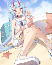 Rule 34 | 1girl, aqua hair, bag, bikini, blue archive, blush, breasts, chise (blue archive), chise (swimsuit) (blue archive), cloud, cooler, day, flower, hair flaps, hair flower, hair ornament, halo, highres, horns, indoors, innertube, long hair, looking at viewer, medium breasts, miya kazutomo, name tag, official alternate costume, open mouth, outdoors, ponytail, red eyes, sailor bikini, sailor collar, sandals, sitting, sky, solo, starfish, striped bikini, striped clothes, swim ring, swimsuit, very long hair, white flower, white footwear