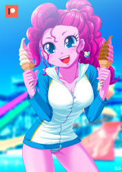Rule 34 | 1girl, bikini, blue eyes, breasts, colored skin, earrings, food, hair tie, hood, hoodie, ice cream, jacket, jewelry, large breasts, my little pony, my little pony: equestria girls, my little pony: friendship is magic, personification, pink hair, pink skin, pinkie pie, ponytail, solo, striped bikini, striped clothes, swimsuit, swimsuit under clothes, uotapo
