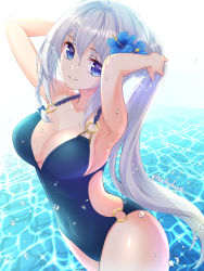 Rule 34 | 1girl, armpits, arms up, atsukan, blue eyes, blue flower, blue one-piece swimsuit, breasts, casual one-piece swimsuit, cleavage, closed mouth, covered navel, cowboy shot, flower, hair between eyes, hair flower, hair intakes, hair ornament, highres, large breasts, long hair, looking at viewer, magia record: mahou shoujo madoka magica gaiden, mahou shoujo madoka magica, o-ring, o-ring swimsuit, one-piece swimsuit, sideboob, silver hair, smile, solo, standing, swimsuit, very long hair, yakumo mitama, yakumo mitama (swimsuit costume)
