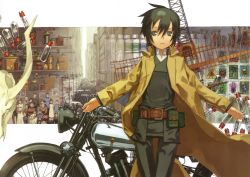 Rule 34 | 1girl, absurdres, androgynous, beige coat, belt, belt pouch, brough superior, brown belt, coat, collage background, collared coat, collared shirt, cowboy shot, green eyes, green hair, green jacket, green pants, hair between eyes, hermes (kino no tabi), highres, jacket, kino (kino no tabi), kino no tabi, kuroboshi kouhaku, long sleeves, looking away, motor vehicle, motorcycle, official art, outstretched arms, pants, parted lips, pouch, scan, shirt, shirt under jacket, short hair, solo, tomboy, white shirt, wind