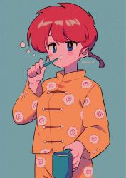 Rule 34 | 1girl, blue eyes, blush stickers, braid, braided ponytail, breasts, cup, highres, holding, holding cup, medium breasts, menma (enaic31), orange pajamas, pajamas, ranma-chan, ranma 1/2, red hair, solo, toothbrush, toothbrush in mouth, twitter username, water
