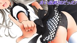 Rule 34 | 1girl, :d, ass, black panties, checkered clothes, checkered skirt, dr rex, grey hair, haiyore! nyaruko-san, head out of frame, index finger raised, nyarlathotep (nyaruko-san), open mouth, panties, pantyshot, pointing, skirt, smile, solo, thighhighs, translation request, underwear, upskirt, white thighhighs