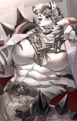 Rule 34 | 1boy, abs, animal ears, ao (chung0u0), arknights, bara, bulge, chain, chain necklace, furry, furry male, highres, jewelry, large pectorals, male focus, mountain (arknights), muscular, muscular male, necklace, no nipples, pants, pectorals, scar, scar across eye, scar on face, short hair, solo, thick thighs, thighs, tiger boy, tiger ears, tiger stripes, topless male, white fur, white pants