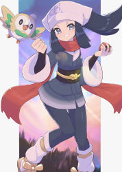Rule 34 | 1girl, absurdres, akari (pokemon), bad id, bad pixiv id, black hair, clenched hand, commentary request, creatures (company), eyelashes, floating hair, floating scarf, game freak, gen 7 pokemon, grey eyes, grey pantyhose, head scarf, highres, holding, holding poke ball, looking at viewer, nintendo, nuneno, pantyhose, parted lips, poke ball, poke ball (legends), pokemon, pokemon (creature), pokemon legends: arceus, ponytail, rowlet, scarf, shoes, sidelocks, smile, socks, white headwear
