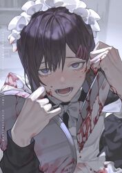 Rule 34 | 1girl, apron, black dress, black hair, blood, blood on clothes, blood on face, blood on hands, bloody weapon, blush, bow, bowtie, chainsaw man, commentary, crying, crying with eyes open, dress, hair ornament, hairclip, higashiyama kobeni, highres, holding, holding knife, holding tray, holding weapon, knife, long sleeves, looking at viewer, lower teeth only, maid, maid headdress, manfung, mole, mole on cheek, mole under eye, mole under mouth, multiple moles, open mouth, purple eyes, saliva, solo, symbol-only commentary, teardrop, tears, teeth, tray, twitter username, upper body, weapon, white apron, white bow, white bowtie