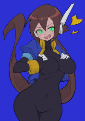 Rule 34 | 1girl, absurdres, aile (mega man zx), bodysuit, breasts, brown hair, buzzlyears, curvy, fang, green eyes, hands on own chest, highres, large breasts, long hair, mega man (series), mega man zx, mega man zx advent, very long hair, wide hips