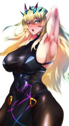 Rule 34 | 1girl, arm behind head, arm up, armpits, bare shoulders, biceps, black dress, blonde hair, blue eyes, blush, breasts, brown pantyhose, dress, barghest (fate), barghest (second ascension) (fate), fate/grand order, fate (series), heterochromia, highres, horns, large breasts, long hair, looking at viewer, muscular, muscular female, open mouth, pantyhose, pelvic curtain, quless, red eyes, sideboob, solo