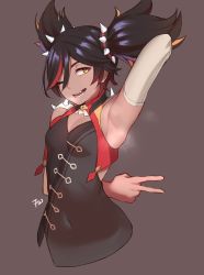 Rule 34 | 1girl, absurdres, arm behind back, armpits, arms up, black hair, breasts, cleavage cutout, clothing cutout, cropped torso, dark skin, dark-skinned female, fangs, frenchvanillu, genshin impact, grey background, hair ornament, hairband, highres, looking at viewer, multicolored hair, one eye closed, red hair, short hair, short twintails, simple background, smile, solo, spiked hairband, spikes, steam, streaked hair, teeth, tongue, twintails, v, xinyan (genshin impact), yellow eyes