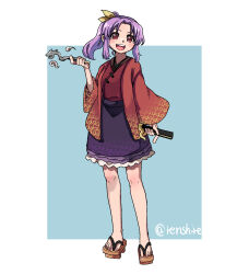 Rule 34 | 1girl, full body, geta, hand fan, high ponytail, highres, holding, holding fan, holding smoking pipe, japanese clothes, kimono, komakusa sannyo, looking at viewer, one-hour drawing challenge, purple hair, purple skirt, red eyes, red kimono, renshirenji, skirt, smile, smoking pipe, solo, touhou, twitter username, wide sleeves