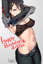 Rule 34 | 1girl, armpits, arms up, artist name, belt, black hair, blue eyes, breasts, cleavage, clothes lift, covered erect nipples, cowboy shot, cube (jsr), dated, fingerless gloves, gloves, grey background, groin, hair ornament, hairclip, happy birthday, highres, jet set radio, looking at viewer, medium breasts, midriff, navel, sega, shirt lift, short hair, simple background, skull, skull belt, solo, tattoo, thighs, translation request, zonda (solid air)