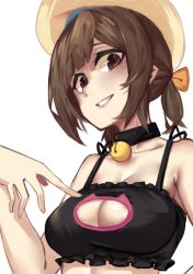 Rule 34 | 10s, 1girl, bad id, bad pixiv id, bell, neck bell, black bra, bra, breasts, brown eyes, brown hair, cat lingerie, cleavage, cleavage cutout, clothing cutout, collar, commentary, error musume, grin, hat, jingle bell, kantai collection, looking at viewer, meme attire, ponytail, simple background, smile, solo, teeth, underwear, white background, wulazula