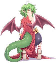 Rule 34 | 1girl, amane hasuhito, armpit crease, between legs, bike shorts, blush, china dress, chinese clothes, draco centauros, dragon girl, dragon horns, dragon tail, dragon wings, dress, elbow gloves, expressionless, from behind, full body, gloves, green hair, hand between legs, high heels, horns, looking at viewer, looking back, pointy ears, pumps, puyopuyo, red footwear, shadow, short hair, shorts under dress, simple background, solo, squatting, tail, white background, white gloves, wings, yellow eyes