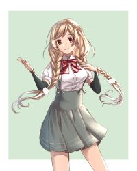 Rule 34 | 1girl, absurdres, arm warmers, bad id, bad pixiv id, bow, braid, breasts, closed mouth, collared shirt, commentary request, dress shirt, green background, green skirt, hair ornament, hands up, head tilt, high-waist skirt, highres, kantai collection, light brown hair, long hair, low twintails, minegumo (kancolle), pleated skirt, puffy short sleeves, puffy sleeves, red bow, red eyes, resuta, school uniform, shirt, short sleeves, skirt, small breasts, smile, solo, suspender skirt, suspenders, twin braids, twintails, two-tone background, very long hair, white background, white shirt