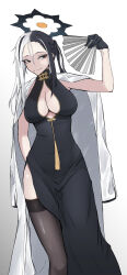 Rule 34 | 1girl, absurdres, black dress, black gloves, black hair, black thighhighs, blue archive, breasts, cleavage, cleavage cutout, clothing cutout, coat, coat on shoulders, dress, folded fan, folding fan, gloves, guwall, halo, hand fan, highres, holding, holding fan, kai (blue archive), large breasts, looking at viewer, multicolored hair, side slit, solo, split-color hair, thighhighs, two-tone hair, white coat, white hair