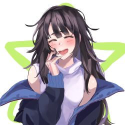 Rule 34 | 1girl, blue jacket, blush, brown hair, c-ms (girls&#039; frontline), closed eyes, girls&#039; frontline, hand in own hair, jacket, jacket on shoulders, laughing, lips, long hair, mmm (ji1945), open mouth, shirt, simple background, solo, white shirt