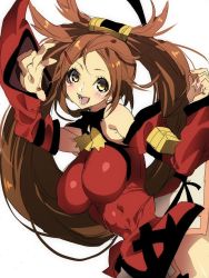 Rule 34 | 1girl, bad id, bad pixiv id, blush, breasts, brown eyes, brown hair, china dress, chinese clothes, detached sleeves, dress, female focus, guilty gear, hair ornament, hohehohe, kuradoberi jam, large breasts, long hair, simple background, smile, solo, v, very long hair