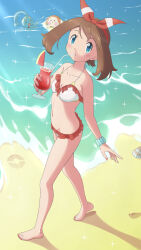 Rule 34 | 1girl, absurdres, aqua eyes, bikini, blush, bow hairband, bracelet, breasts, brown hair, cleavage, closed mouth, collarbone, creatures (company), cup, drinking, drinking straw, footprints, full body, game freak, gen 4 pokemon, glass, hairband, highres, holding, holding cup, jewelry, legendary pokemon, manaphy, may (pokemon), medium breasts, mythical pokemon, nail polish, navel, nintendo, pink nails, pokemon, pokemon (creature), pokemon oras, red hairband, sand, scarletsky, seashell, shell, shore, standing, swimsuit, walking, water