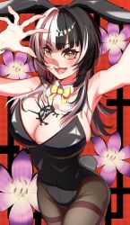 Rule 34 | 1girl, animal ears, armpits, bare shoulders, black hair, black leotard, bow, bowtie, breasts, bug, cleavage, commentary, cowboy shot, daisy, detached collar, english commentary, fake animal ears, fishnets, floral background, flower, highres, hololive, hololive english, large breasts, leotard, looking at viewer, multicolored hair, novelites (shiori novella), open mouth, pantyhose, playboy bunny, purple flower, rabbit ears, rabbit tail, shiori novella, smile, strapless, tail, white hair, yellow bow, yellow bowtie