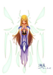 Rule 34 | 1girl, absurdres, bare shoulders, blonde hair, detached sleeves, dress, closed eyes, fantasy, highres, knightzzz, midriff, original, praying, signature, solo, wings