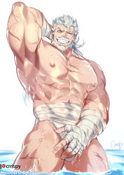 Rule 34 | 1boy, abs, absurdres, arm behind head, armpits, bandaged arm, bandages, bara, bare pectorals, beard, bulge, covering privates, covering crotch, crrispy shark, facial hair, granblue fantasy, grin, highres, large pectorals, loincloth, long hair, looking at viewer, male focus, mature male, muscular, muscular male, mustache, nipples, official alternate costume, old, old man, one eye closed, paid reward available, partially submerged, pectorals, ponytail, presenting armpit, paid reward available, scar, scar on arm, scar on chest, scar on leg, smile, solo, soriz, standing, stomach, thick thighs, thighs, water, water drop, wet, white hair, wrinkled skin