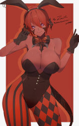 Rule 34 | 1girl, animal ears, au ra, bad id, bad twitter id, black bodysuit, black gloves, bodysuit, bow, bowtie, breasts, checkered pantyhose, cleavage, closed mouth, collarbone, commission, contrapposto, covered navel, detached collar, dragon horns, final fantasy, final fantasy xiv, gloves, hands up, highres, horns, large breasts, leotard, light smile, looking at viewer, pantyhose, playboy bunny, purple eyes, rabbit ears, red background, red bow, red bowtie, red hair, shiny clothes, shiny skin, skeb commission, solo, striped clothes, striped pantyhose, tail, thick thighs, thighs, ub1mo, upper body, warrior of light (ff14), zax magma