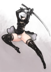 Rule 34 | black dress, black gloves, black thighhighs, blindfold, boots, breasts, cleavage, dress, fighting stance, gloves, hairband, highres, johan (johan13), jumping, leotard, leotard under clothes, nier (series), nier:automata, short hair, simple background, solo, sword, thigh boots, thighhighs, thighs, two-sided fabric, two-sided skirt, weapon, white background, white hair, white leotard, wind, wind lift, 2b (nier:automata)